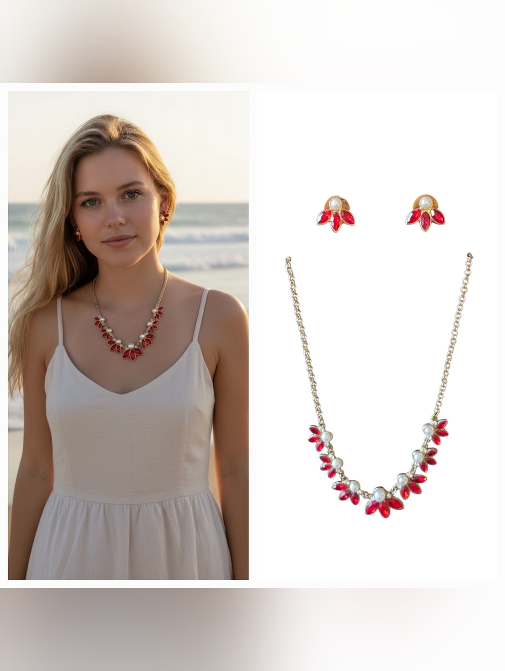Monet Gold Tone Red Rhinestone Pearl Necklace Earring Set Holiday Statement Glam